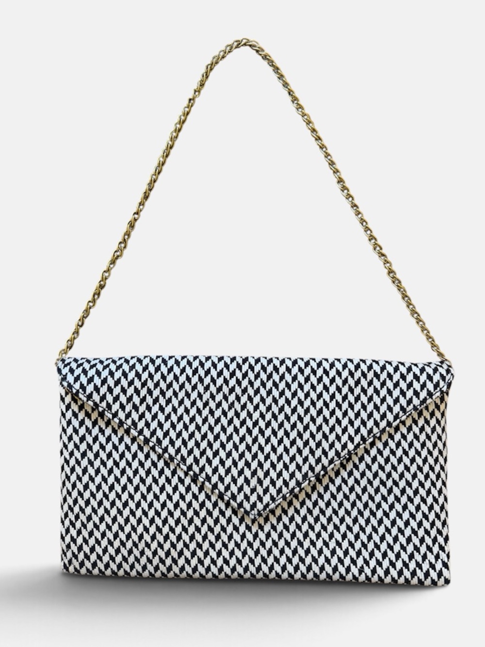 J.Crew Black White Woven Envelope Clutch or Shoulder Bag Gold Chain